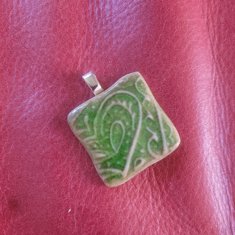 Green Clay Tile Square Pendant with Silver Bail